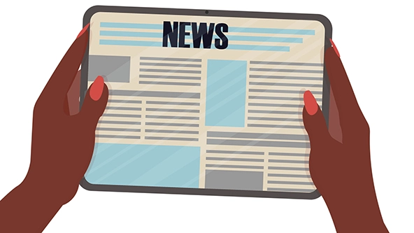 African American women hands holding digital tablet with newspaper
