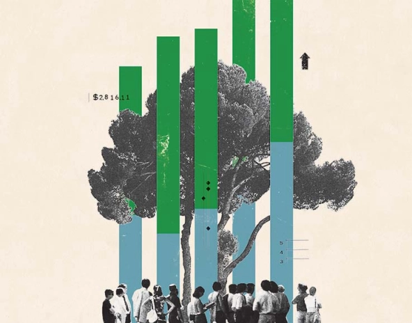 Trees, people standing, blue and green bar charts in a collage