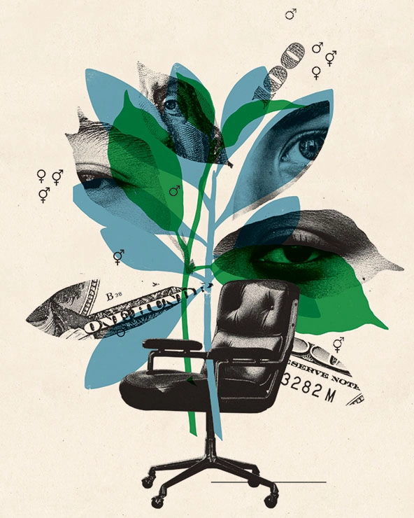 Collage of office chair and stems with leaves that have eyes and US bills