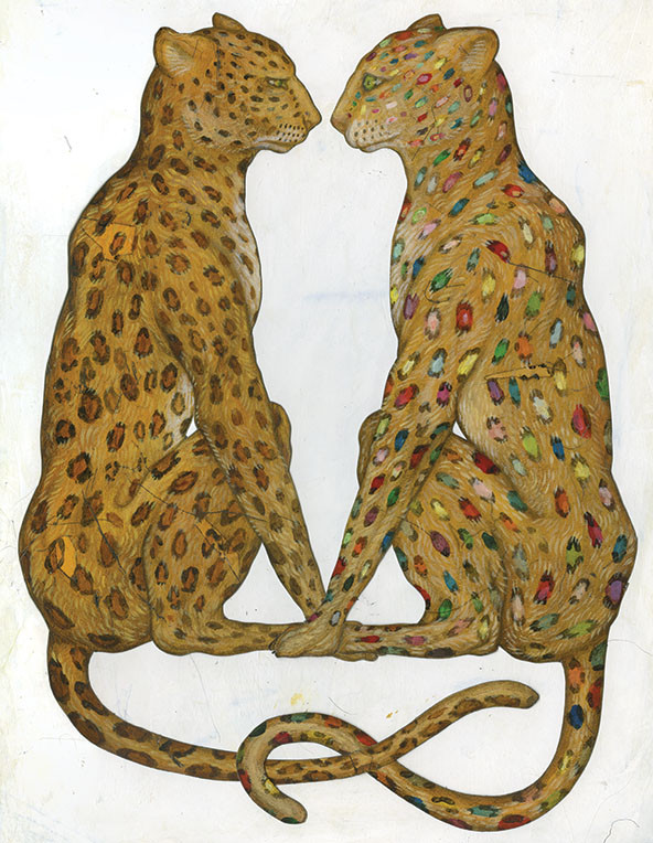 Two female lions facing each other -- one with rainbow-colored spots.