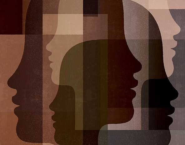 Profiles of faces layered on brown-toned background squares