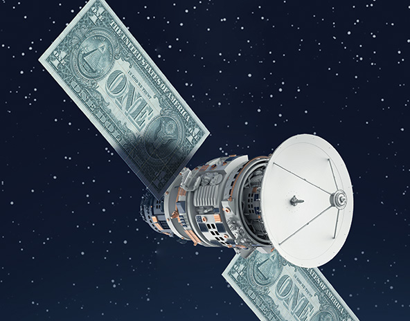 Satellite with dollar bills where the power system or solar arrays would be