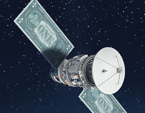 Satellite with dollar bills where the power system or solar arrays would be