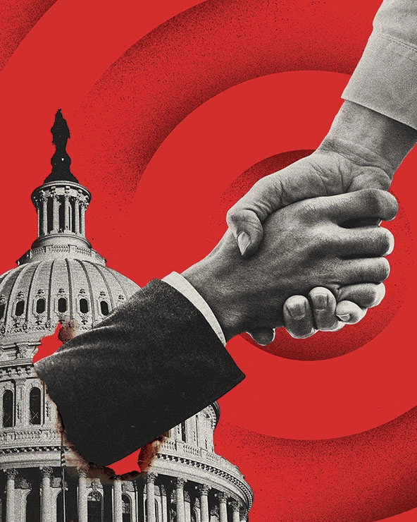 hand reaching out of a government capitol building to shake another hand