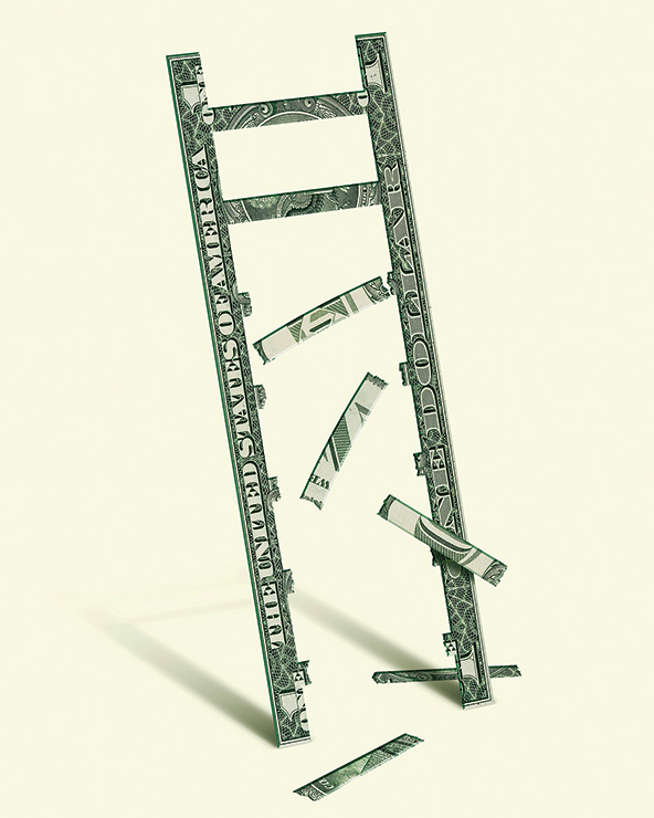 Ladder made of dollar bills with rungs falling off