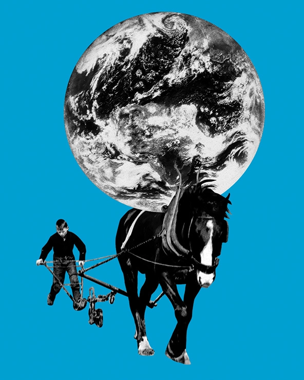 Collage of boy driving a horse-driven plow; a globe balancing on the horse's back