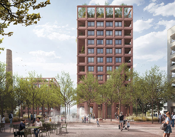 A tall building with green rooftop; surrounded by a park
