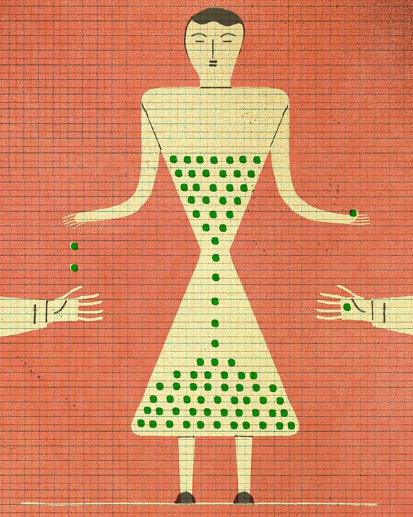 Figure with a body shaped like an hour glass with coins running out dropping coins into open hands