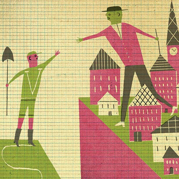 person holding a shovel reaching across a divide to person with outstretched hand standing in a town