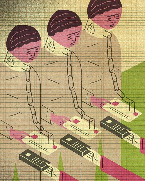 Figures with chains around their necks connected to paychecks