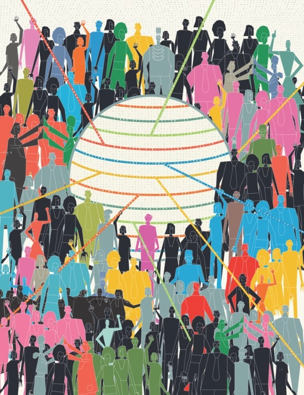 artwork of colorful human figures around a globe with colorful lines circling it