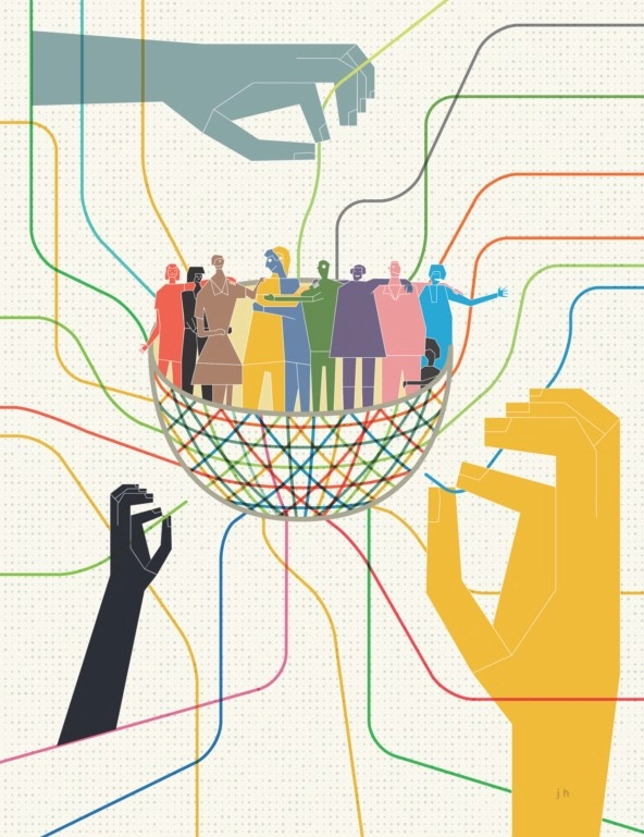 artwork of colorful human hands and human figures amid a half-globe structure and colorful lines that look like a train route map