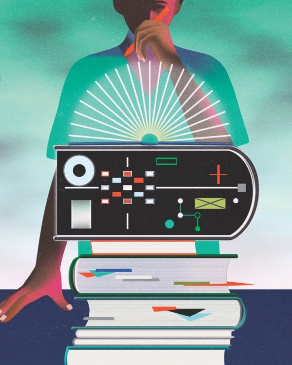 Illustration of a nurse behind books and a chart