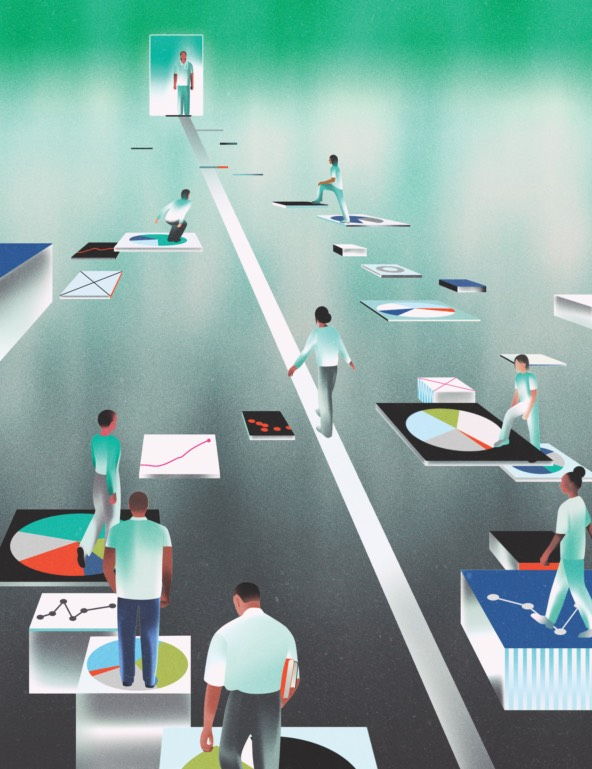 Illustration of nurse figures walking a line amid medical setting and devices