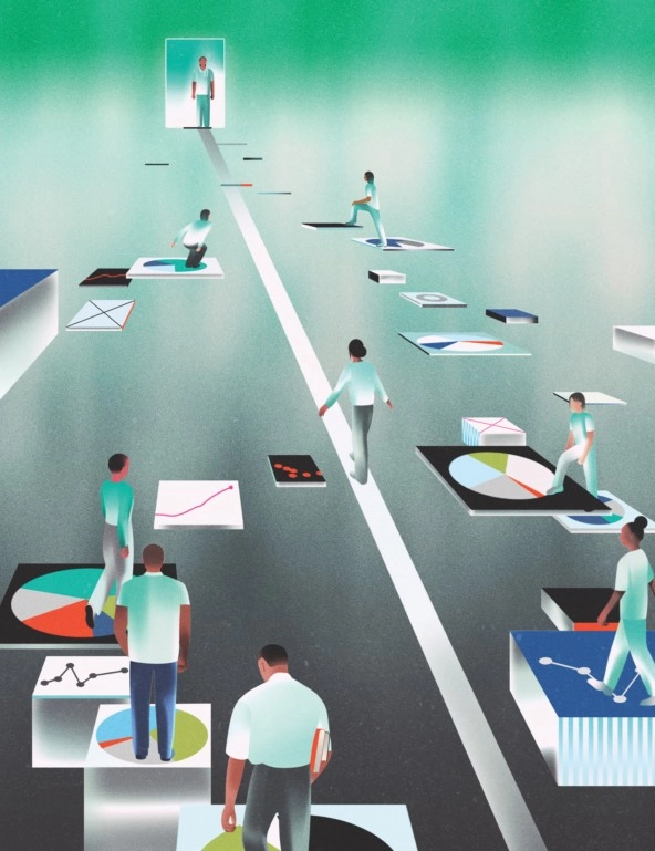 Illustration of nurse figures walking a line amid medical setting and devices