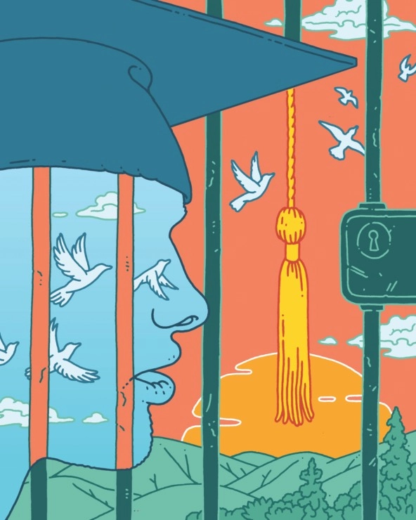 illustration of a head behind prison bars wearing a graduation cap