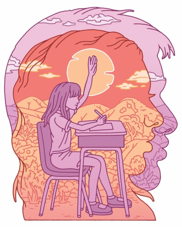 drawing of a profile of a human head with an image of a student at a desk inside the head