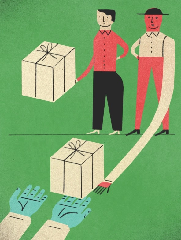 two illustrated figures manipulating 3D boxes