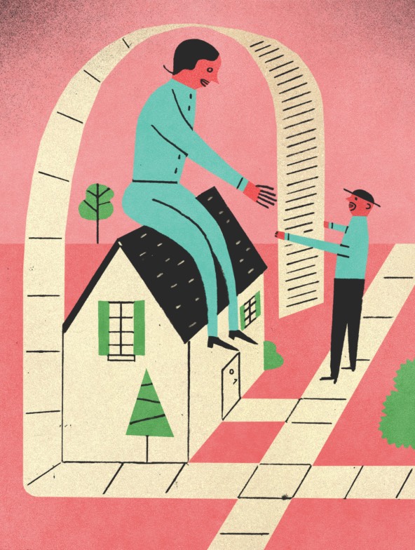 illustration of a figure on a house reaching out to a figure on the nearby sidewalk