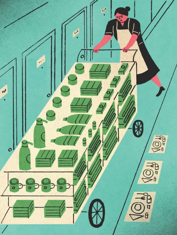illustration of a figure pushing a cart loaded with various products 