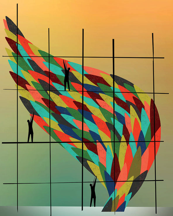 illustration of multi-colored leaves or wisps of flame in a spiral shape