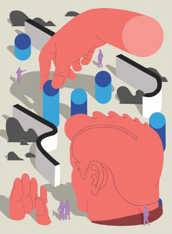 illustration of large human head and hand moving geometric shapes around