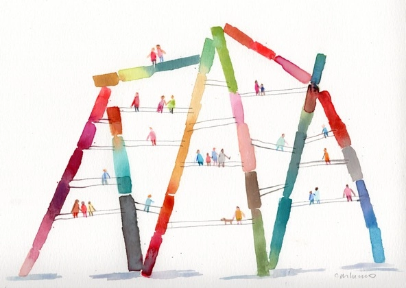 illustration of figures walking on lines strung between the skeleton of a colorful structure