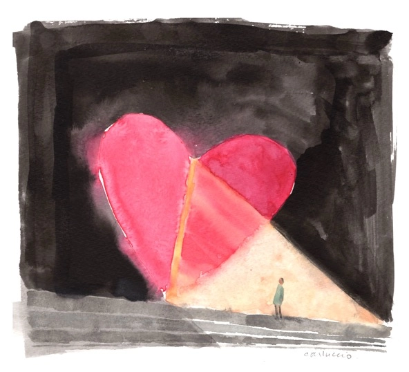 illustration of a red heart on a dark background with lights streaming from the heart