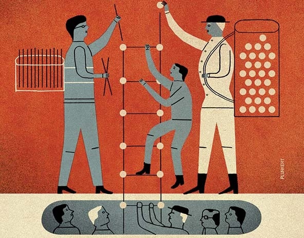 People building a ladder so other people can climb out of a hole