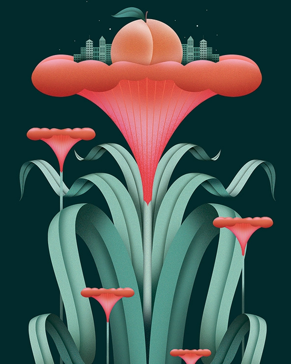 Flower with skyline and a peach 