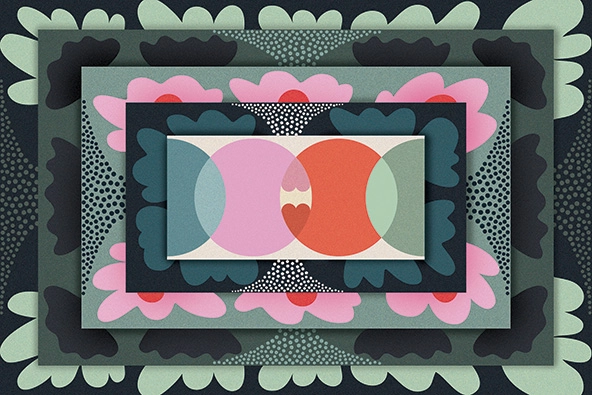 interlocking circles framed with flowers and green rectangles