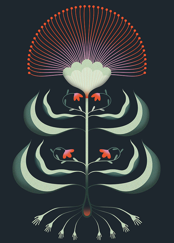 A flower with long anthers, leaves, and hands for roots
