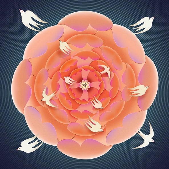 peach-colored flower design with doves flying out of it