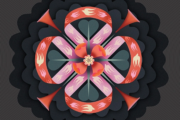 Design with flower at the center, ribbon with doves, horns