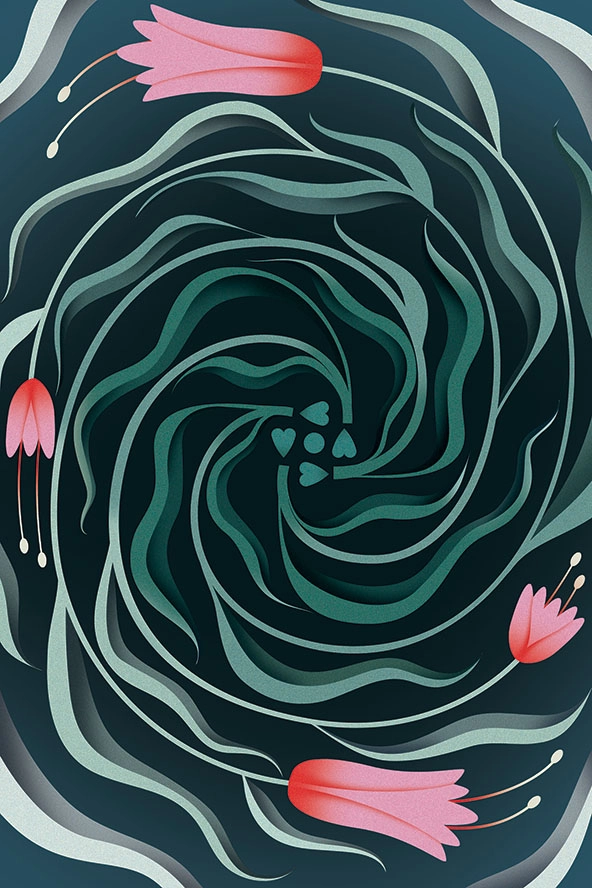 four hearts at the roots of swirling flowers