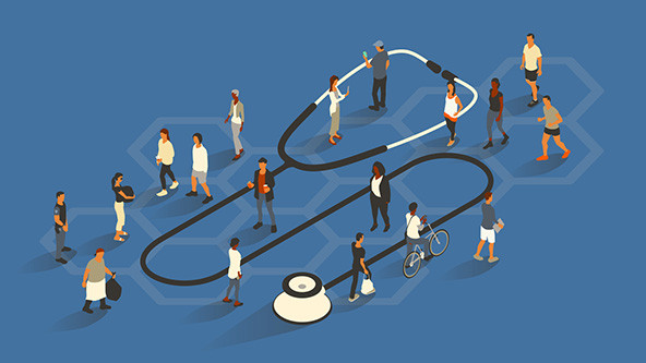 Illustration of a large stethoscope behind a crowd of people representing the systemic drivers of health