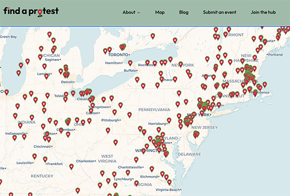 a screenshot of the find a protest website with a map with red dots marking protest locations