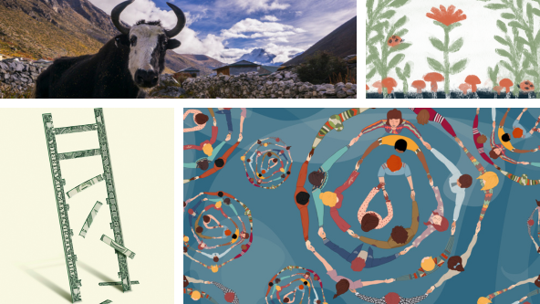 A collage of images: ladder made of dollar bills, overhead view of people holding hands in circles, blooming flower, cow with horns in mountain
