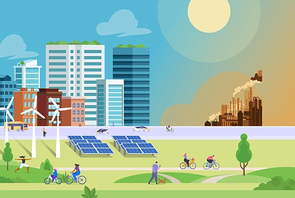 renewable energy-powered town juxtaposed to a fossil fuel power plant