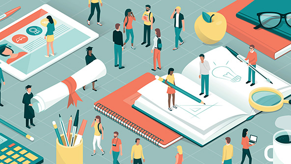 Illustration of college students, researchers and professors studying together, school supplies and digital tablet