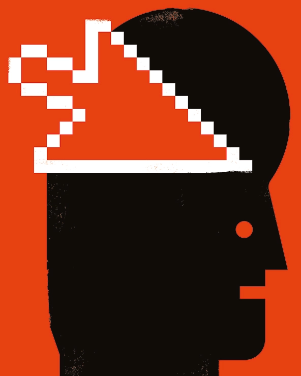 A computer arrow cursor hovering over a head.