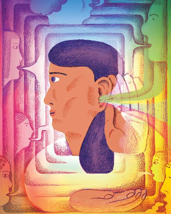 A woman with her hand held up to her ear to signify listening 