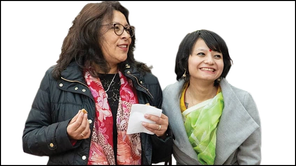 Femme First Founder Anjellica Aribam stands with the first female prime minister of Peru, Beatriz Merino, at a conference in 2019.
