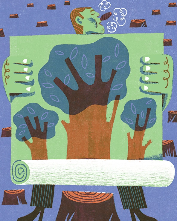 Figure smoking cigar holding a poster of trees in a forest of tree stumps