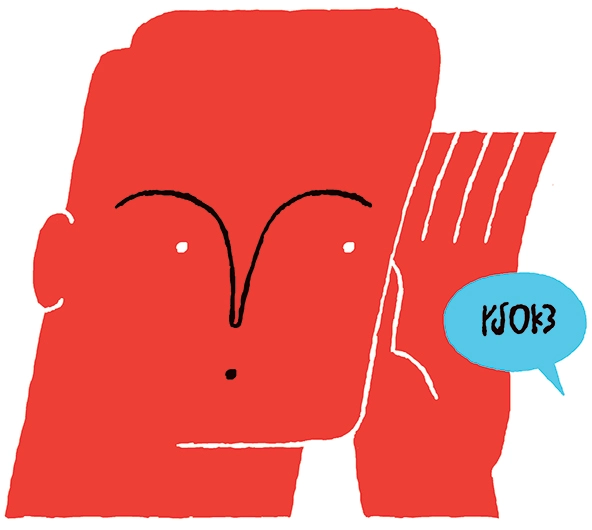 Person with hand help up to ear next to speech bubble