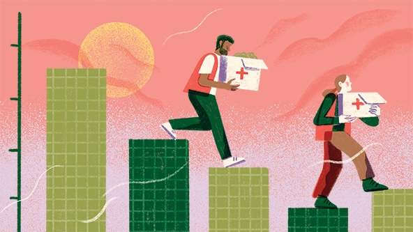 Aid workers carrying boxes while walking along the bars of a bar chart