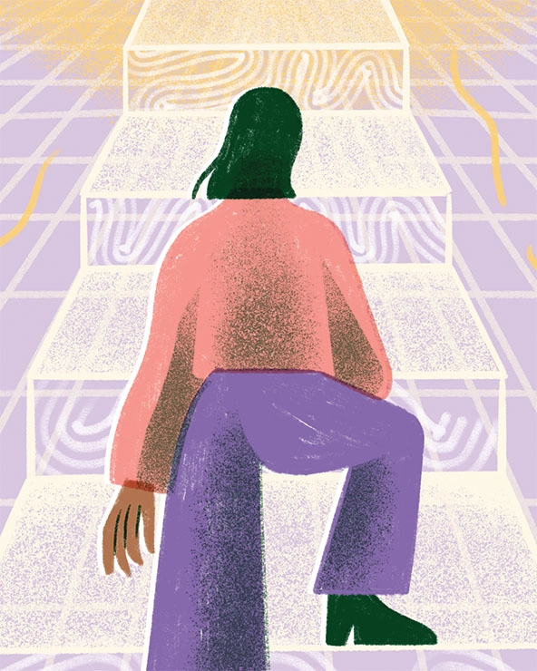 Figure taking a step up a staircase