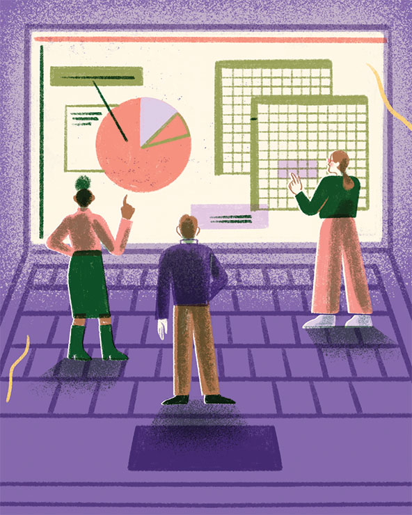 Three figures standing on a laptop keyboard looking at data in a pie chart and graph
