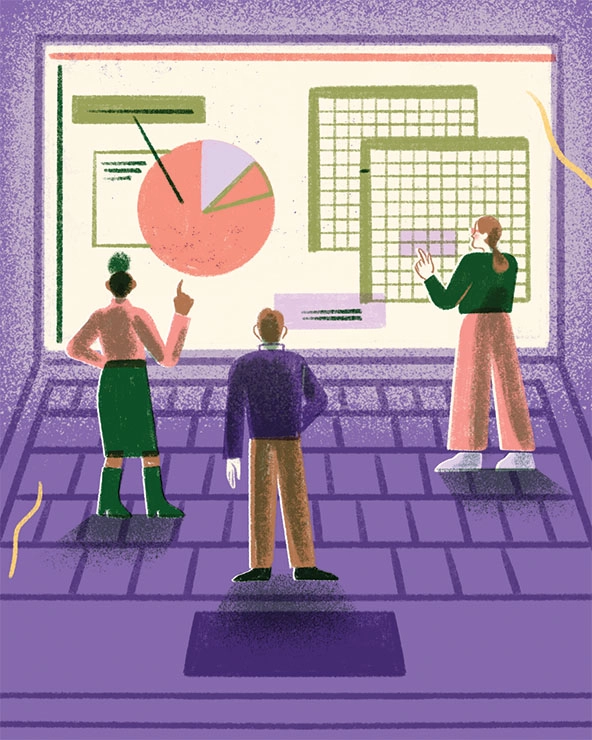 Three figures standing on a laptop keyboard looking at data in a pie chart and graph