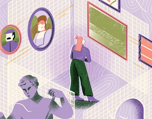 Person looking at art on walls in cloud technology